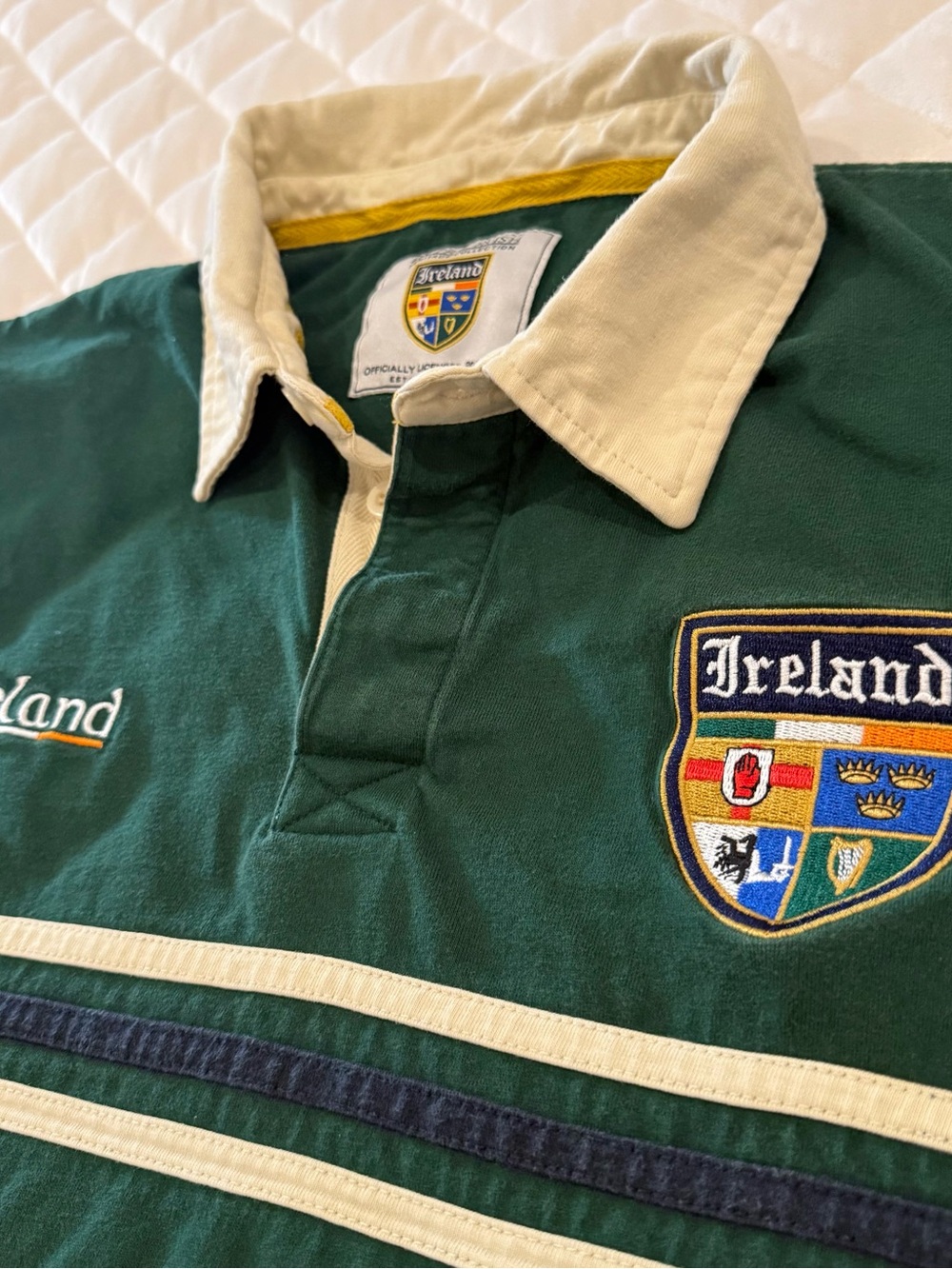 Retro Ireland Rugby Shirt Green White Stripe Four Provinces Crest Polo Size XL